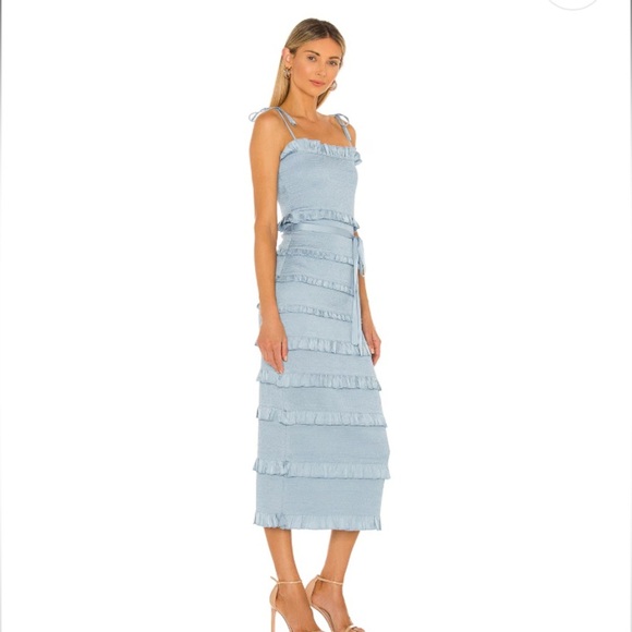 V. Chapman Lily Smocked Ruffle Tiered Fitted Midi Dress Baby Cashmere Blue - Picture 4 of 15